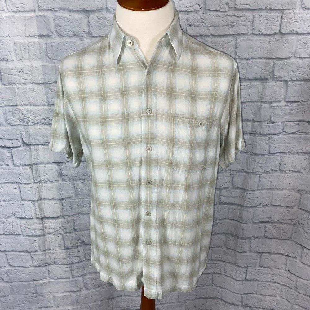 Marc edwards men L washable linen blend button down plaid short sleeve shirt